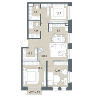 Планировка 4+ комнатной(квартира) площадью 82.4 квадратных метров в “ЖК Станиславский”