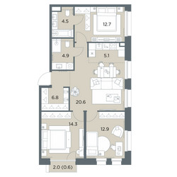 Планировка 4+ комнатной(квартира) площадью 82.4 квадратных метров в ЖК “ЖК Станиславский”