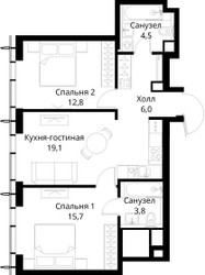 Планировка двухкомнатной(квартира) площадью 61.9 квадратных метров в ЖК “ЖК Сити Бэй”