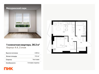 Планировка однокомнатной(квартира) площадью 36.2 квадратных метров в ЖК “ЖК Мичуринский Парк”