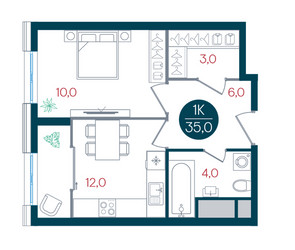Планировка однокомнатной(квартира) площадью 35 квадратных метров в ЖК “ЖК РУСИЧ-Кантемировский”