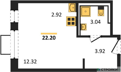 Планировка студии(квартира) площадью 22.2 квадратных метров в ЖК “ЖК Новое Видное”