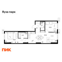 Планировка двухкомнатной(квартира) площадью 64 квадратных метров в “ЖК Яуза Парк (Мытищи)”