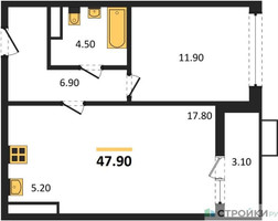 Планировка однокомнатной(квартира) площадью 47.9 квадратных метров в “ЖК Прокшино”