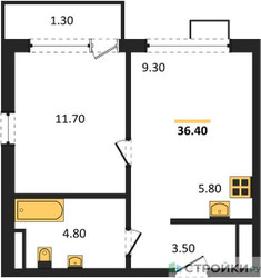 Планировка однокомнатной(квартира) площадью 36.4 квадратных метров в ЖК “ЖК Южные сады”