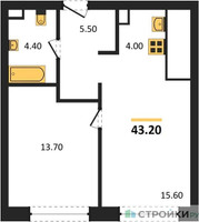 Планировка однокомнатной(квартира) площадью 43.2 квадратных метров в “ЖК Upside Towers (Апсайд Тауэрс)”