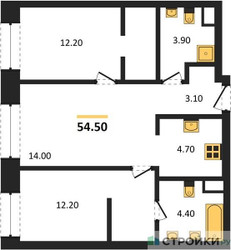 Планировка двухкомнатной(квартира) площадью 54.5 квадратных метров в ЖК “ЖК Voice Towers (Войс Тауэрс)”