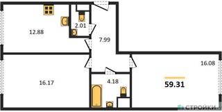 Планировка двухкомнатной(квартира) площадью 59.31 квадратных метров в “ЖК Движение. Говорово”
