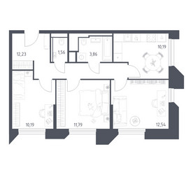 Планировка трехкомнатной(апартаменты) площадью 62.36 квадратных метров в ЖК “ЖК Скай Спутник”