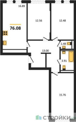 Планировка трехкомнатной(квартира) площадью 76.08 квадратных метров в ЖК “ЖК Остафьево”