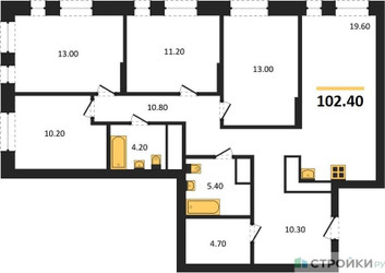 Планировка 4+ комнатной(квартира) площадью 102.4 квадратных метров в ЖК “ЖК Первый Московский”