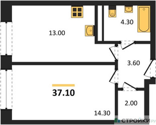 Планировка однокомнатной(квартира) площадью 37 квадратных метров в ЖК “ЖК Пушкино Град”