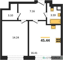Планировка однокомнатной(квартира) площадью 45.44 квадратных метров в ЖК “ЖК Sezar City (Сезар Сити)”