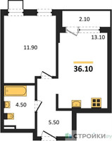 Планировка однокомнатной(квартира) площадью 36.1 квадратных метров в “ЖК Деснаречье”