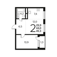 Планировка двухкомнатной(квартира) площадью 45.3 квадратных метров в “Новые Ватутинки. Заречный”