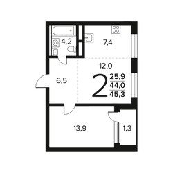 Планировка двухкомнатной(квартира) площадью 45.3 квадратных метров в ЖК “Новые Ватутинки. Заречный”