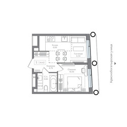 Планировка однокомнатной(квартира) площадью 34.42 квадратных метров в ЖК “ЖК Преображенская Площадь”