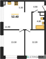 Планировка двухкомнатной(квартира) площадью 52.4 квадратных метров в “Жилые кварталы Белый Град”