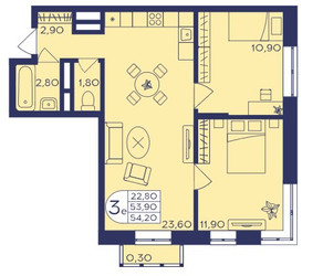 Планировка трехкомнатной(квартира) площадью 54.2 квадратных метров в ЖК “ЖК Героев”