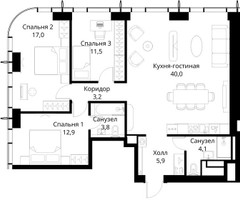Планировка трехкомнатной(квартира) площадью 98.4 квадратных метров в “ЖК Сити Бэй”