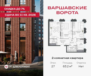 Планировка двухкомнатной(квартира) площадью 63.2 квадратных метров в ЖК “ЖК Варшавские ворота”