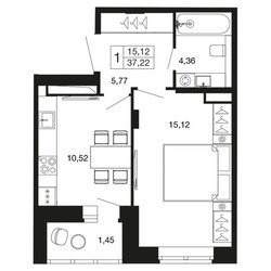 Планировка однокомнатной(квартира) площадью 37.2 квадратных метров в ЖК “ЖК Времена года”