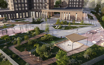 Двор в ЖК “Sokolinn Park” с высоты птичьего полета