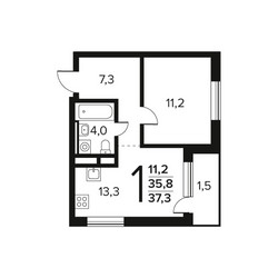 Планировка однокомнатной(квартира) площадью 37.3 квадратных метров в ЖК “Новые Ватутинки. Заречный”