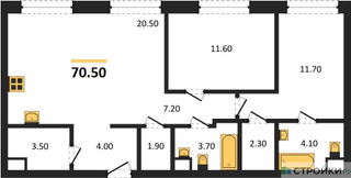 Планировка двухкомнатной(квартира) площадью 70.5 квадратных метров в “ЖК Voxhall (Воксхолл)”