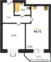 Планировка однокомнатной(квартира) площадью 46.71 квадратных метров в “ЖК Мечта”