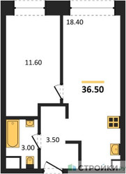 Планировка однокомнатной(квартира) площадью 36.5 квадратных метров в ЖК “ЖК Voice Towers (Войс Тауэрс)”