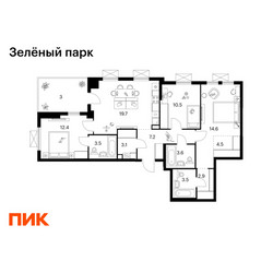 Планировка трехкомнатной(квартира) площадью 88.5 квадратных метров в ЖК “ЖК Зеленый парк”