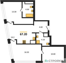 Планировка трехкомнатной(квартира) площадью 67.2 квадратных метров в ЖК “ЖК Остров”