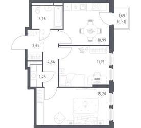 Планировка двухкомнатной(квартира) площадью 50.55 квадратных метров в ЖК “ЖК Космический Квартал”