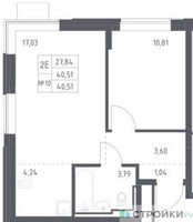 Планировка однокомнатной(квартира) площадью 40.51 квадратных метров в “ЖК Прибрежный Парк”
