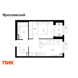 Планировка однокомнатной(квартира) площадью 34.8 квадратных метров в ЖК “ЖК Ярославский”