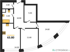 Планировка двухкомнатной(квартира) площадью 63.8 квадратных метров в “ЖК Nagatino i-Land (Нагатино ай-лэнд)”