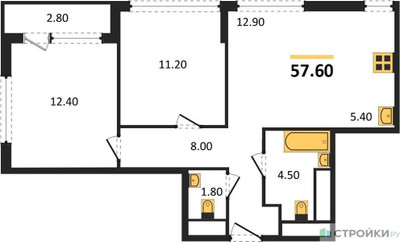 Планировка двухкомнатной(квартира) площадью 57.6 квадратных метров в “ЖК Южные сады”
