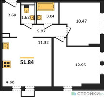 Планировка двухкомнатной(квартира) площадью 51.84 квадратных метров в “ЖК Остафьево”