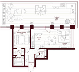 Планировка однокомнатной(квартира) площадью 65.7 квадратных метров в ЖК “ЖК Дом 7 Даниловский”