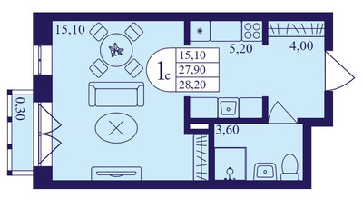 Планировка студии(квартира) площадью 28.2 квадратных метров в ЖК “ЖК Героев”