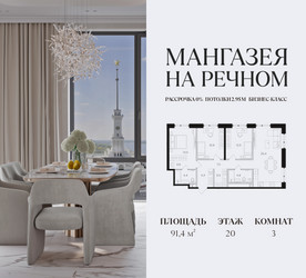 Планировка трехкомнатной(квартира) площадью 91.4 квадратных метров в ЖК “ЖК Мангазея на Речном”