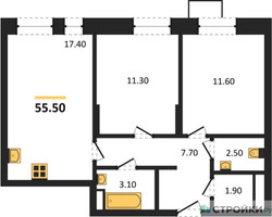 Планировка двухкомнатной(квартира) площадью 55.5 квадратных метров в “ЖК Первый Московский”