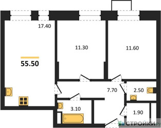 Планировка двухкомнатной(квартира) площадью 55.5 квадратных метров в ЖК “ЖК Первый Московский”