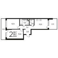 Планировка двухкомнатной(квартира) площадью 63.6 квадратных метров в “Новые Ватутинки. Заречный”