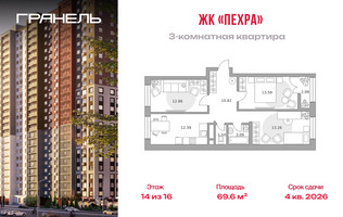 Планировка трехкомнатной(квартира) площадью 69.6 квадратных метров в “ЖК Пехра”