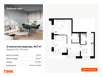 Планировка двухкомнатной(квартира) площадью 54.7 квадратных метров в ЖК “ЖК Зеленый парк”