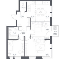 Планировка трехкомнатной(квартира) площадью 68.98 квадратных метров в “ЖК Квартал Авиаторов”
