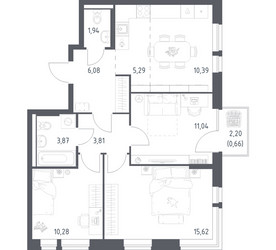Планировка трехкомнатной(квартира) площадью 68.98 квадратных метров в ЖК “ЖК Квартал Авиаторов”