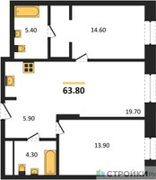 Планировка двухкомнатной(квартира) площадью 63.8 квадратных метров в “ЖК Первый Московский”